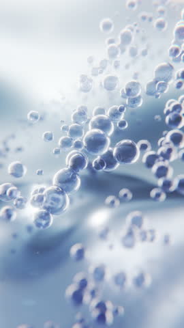 Vertical 3D animation of floating blue serum molecules, representing hydration, skin rejuvenation, and anti-aging skincare science in motion.