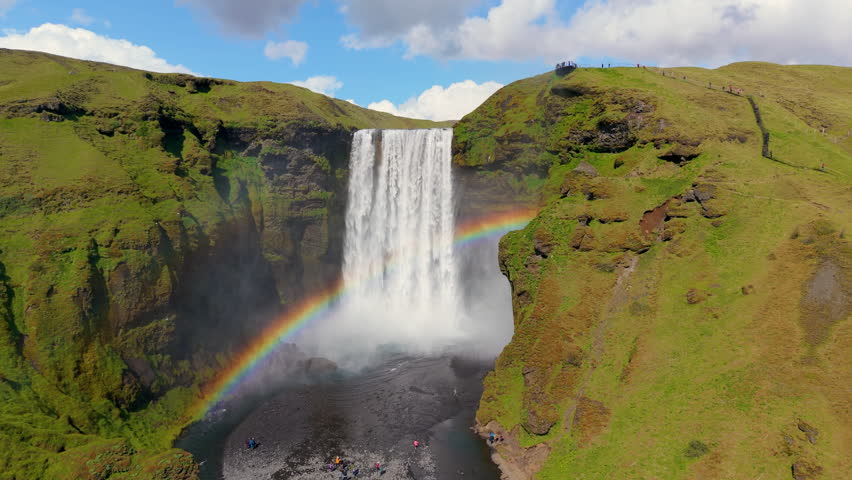 Aerial Skogafoss Waterfall in Iceland, complete with a rainbow view