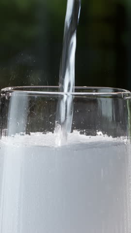 Pouring sparkling water in a glass. Vertical slow motion