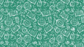 Looped animation of white hand-drawn school-themed icons—globes, books, apples, and clocks—moving on a green chalkboard-style background, ideal for educational content or back-to-school themes. - Powered by Shutterstock - Get 15% off with code: PIKWIZARD15