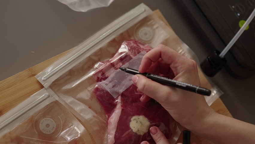 Chef writing date and note on label of vacuum sealed bag containing seasoned beef steak, preparing for sous vide cooking or freezing for preservation. Concept of airtight packaging, preserving food.