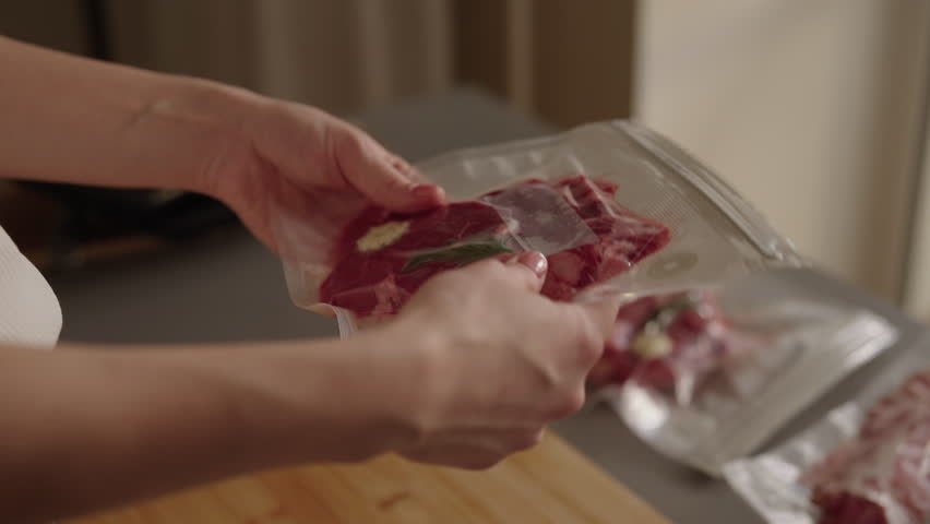 Female cook hands holding and checking prepared two pieces of fresh red meat, after packaging in vacuum-sealed plastic bags for sous-vide cooking or long-term freezer storage. Shooting in slow motion.