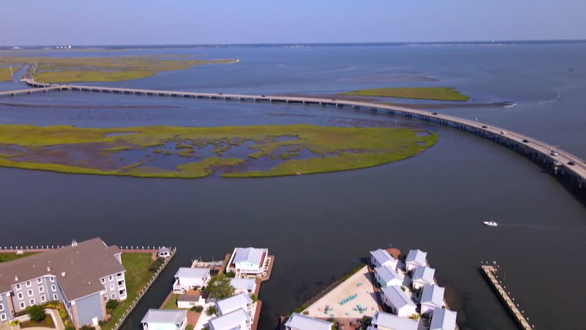 Picturesque seaside town with vacation homes and marina. Chincoteague Island in Virginia.
