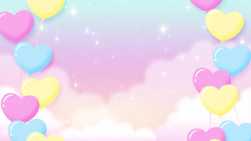 cute background with colorful heart balloons, clouds and stars in the sky animation for Happy Birthday, Baby Shower, etc.