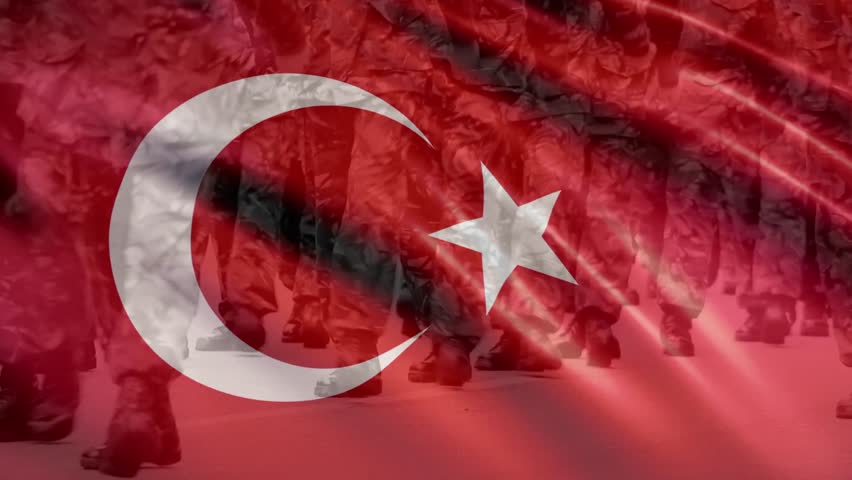 Turkey military illustration. Turkish Army with waving flag of Turkey. Turkish Troopers Illustration.	