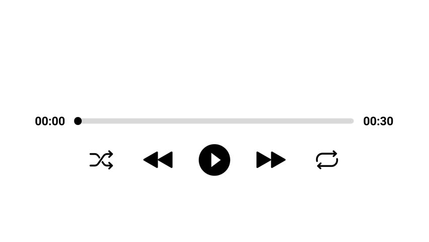 30 seconds minimal music player UI animation with a white background and sleek black controls. Layout showcases a central pause button, shuffle and repeat icons, and a smooth horizontal progress bar.