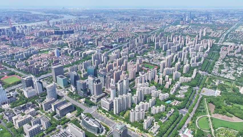 Shanghai, China - 20th June 2025 - Aerial View of Shanghai skyscrapers and residential area