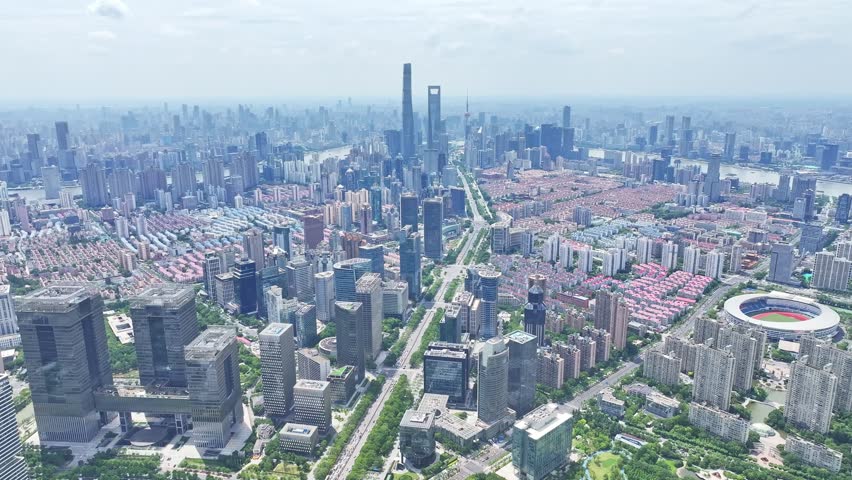 Shanghai, China - 20th June 2025 - Aerial View of Shanghai Pudong landmarks along Century Avenue