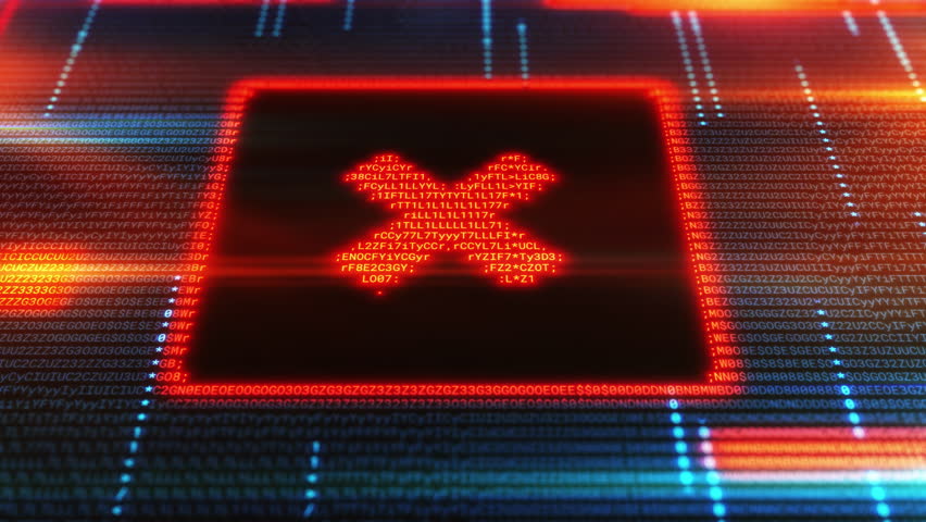 Red cross button glowing on a digital display with random characters