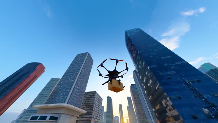 Delivery drones fly over cities