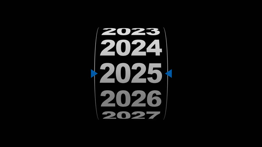 Vertical cylinder timeline animation showing yearly scroll from 2025 to 2035. Perfect for strategic vision, future planning, and corporate presentations.
