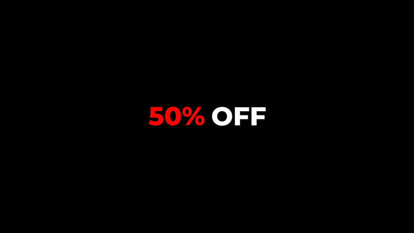 Animated text "50% OFF" with bold bounce and fade-in effect and red color appears in the text. Transparent background, perfect for promotions, marketing, social media, and e-commerce ads.