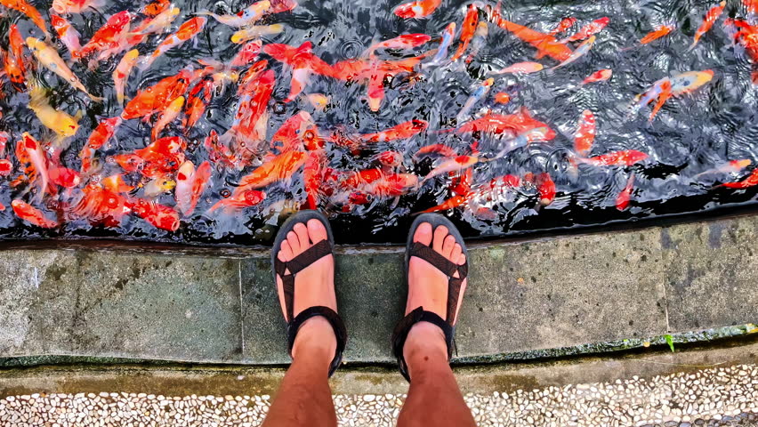 Man's feet in sandals standing at the edge of a dark pond teeming with a vibrant school of orange and red Koi carp in Bali - A slow push-in shot from a first-person perspective
