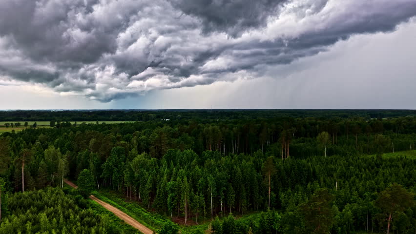 Storm clouds gathering above dense pine forest and distant aerial landscape