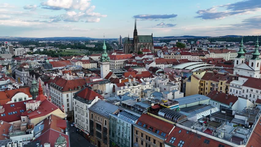Aerial footage of Old Town in Brno, Czech Republic