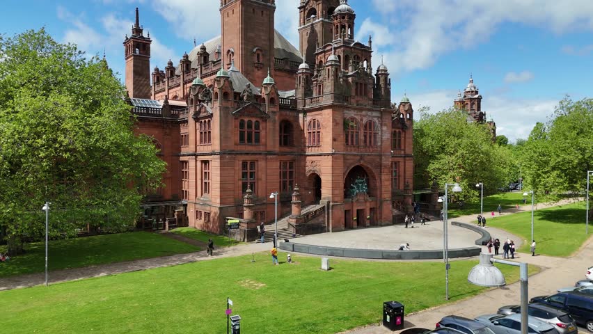 Drone shot of Kelvingrove Art Gallery and Museum in Glasgow, Scotland, UK