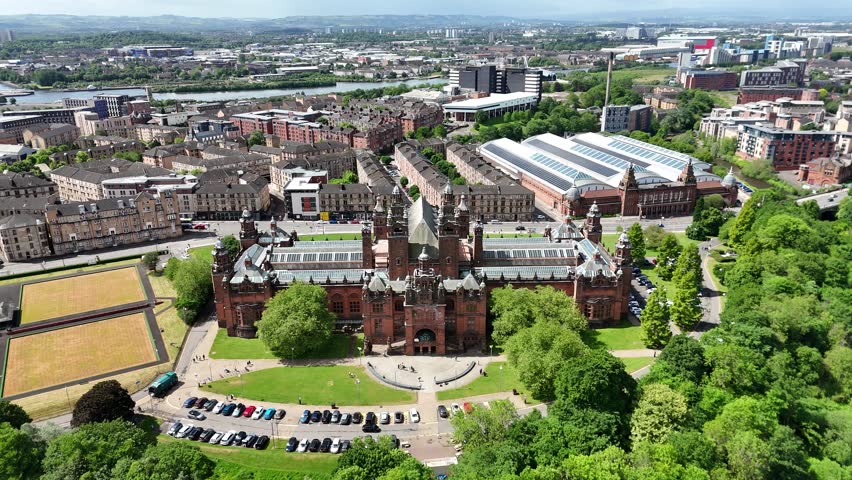 Drone view of Kelvingrove Art Gallery and Museum in Glasgow, Scotland, UK