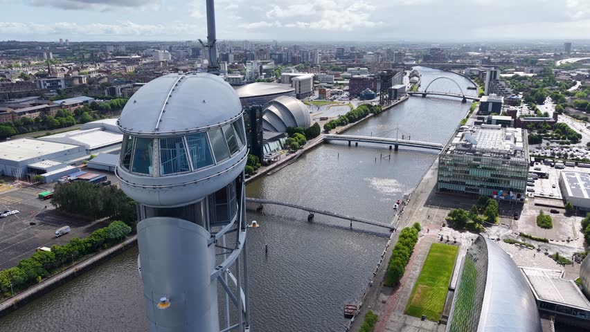 Aerial footage of Science Centre Tower in Glasgow, Scotland, UK