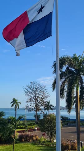Vertical View, National Flag of Panama Waving on Pole at Waterfront Park in Panama City