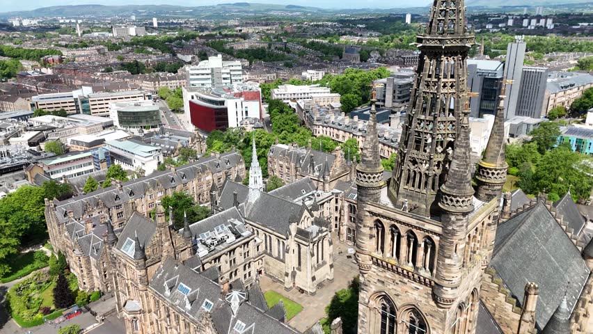 Drone shot of University of Glasgow in Glasgow, Scotland, United Kingdom