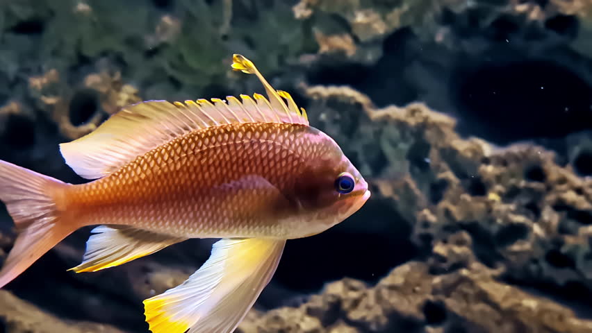 Closeup Of Sea Goldie Swimming In The Aquarium.