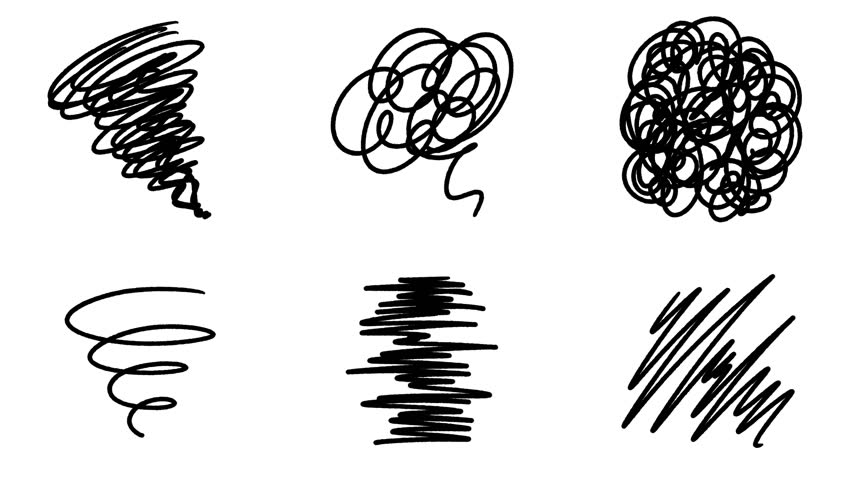 Animated hand-drawn tangled line icons with white background and black background.