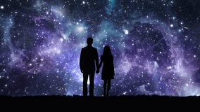 Romantic couple holding hands, silhouetted against a breathtaking starry sky and cosmic nebula. A dreamy, magical night scene symbolizing love, wonder, and the infinite beauty of the universe, 4k. - Powered by Shutterstock - Get 15% off with code: PIKWIZARD15