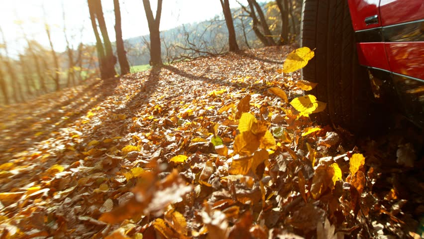 Super Slow Motion of Closeup of Car Running in Autumn Leaves. Filmed on High Speed Cinema Camera, 1000 fps. Cinematic Low Angle Dramatic Shot.