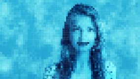 Pixelated woman portrait emerges through blue digital data grid - digital human face rendered in abstract pixel matrix technology - Powered by Shutterstock - Get 15% off with code: PIKWIZARD15