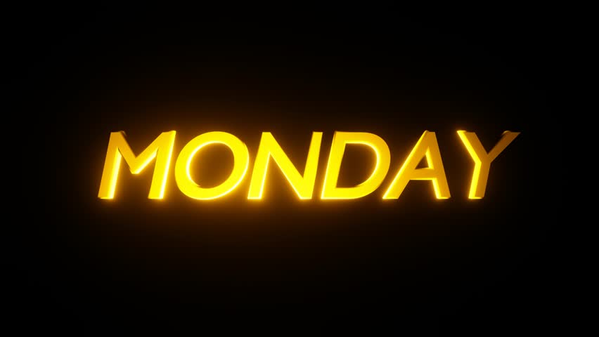Golden three-dimensional text spelling monday shines with varying intensity against a black background, creating a visually appealing animation
