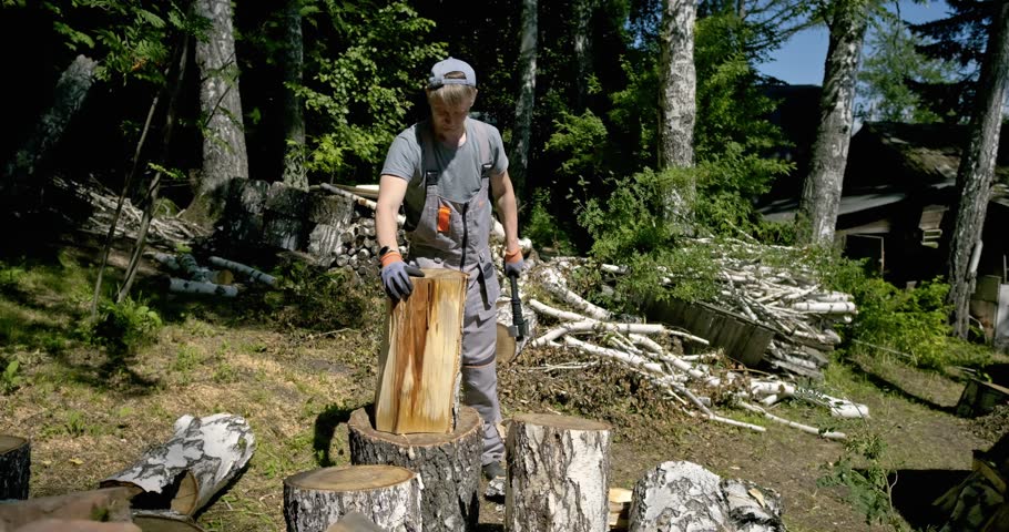 Worker Splitting Firewood with Splitting Axe in Forest Traditional Wood Chopping and Log Splitting on Tree Stump Manual Timber Processing in Woodland outdoor wood chopping, summer countryside day