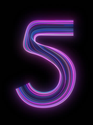 Stylized number 5 appears with glowing blue and magenta neon lighting over transparent background with alpha channel designed as part of a cohesive animated number set sci fi motion graphics