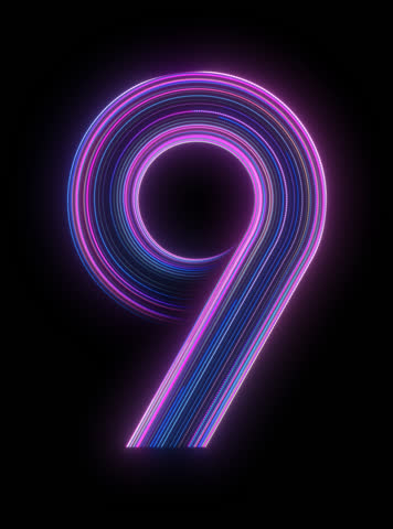 Futuristic number 9 appears in soft glowing neon purple and cyan light on transparent background with alpha channel this animated element is part of a coordinated number set from 0 to 9 made