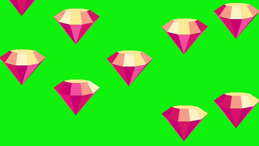 Cartoon Diamonds 3d icons falling animation on green screen.
