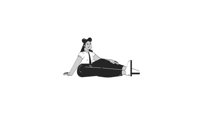 Confident curvy latina employee sitting casually on floor outline 2D character doodle animation. Relaxed office worker hispanic woman animated person isolated on white. Linear drawing 4K video