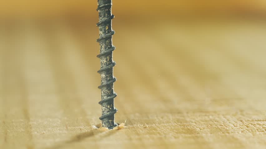 Close-up screwdriver bit screwing black countersunk self-tapping screw into wooden plank. Hardware tool tightening coarse fastener during repair. Bit working in construction moment