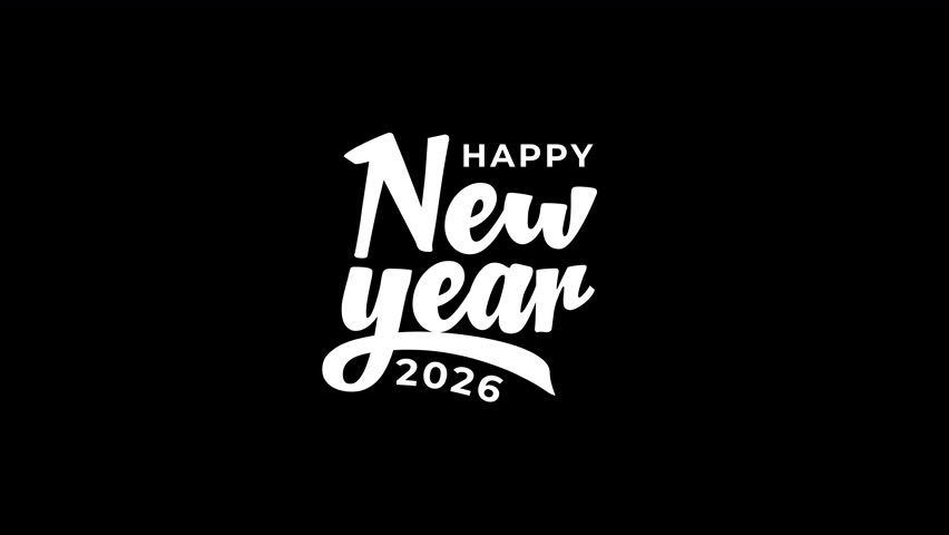Happy New Year 2026 Animated Text in White Color. Alpha Channel or transparent bakground. Happy New Year 2026 Animation