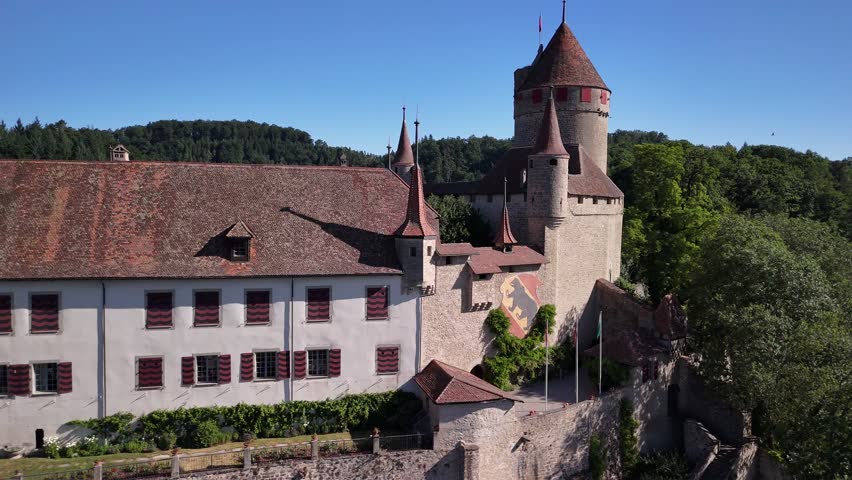 Château de Lucens medieval castle Switzerland Vaud heritage site aerial drone
