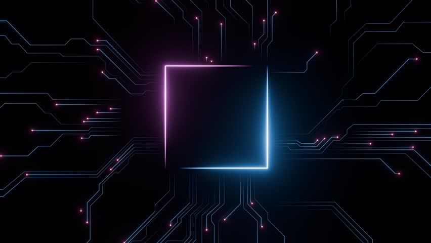 Futuristic Microchip with Glowing Neon Circuits Frame. Digital Technology, and AI in a High-Tech Virtual Interface. Product display background. Seamless loop. Created using non-AI 3d software
