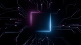 Futuristic Microchip with Glowing Neon Circuits Frame. Digital Technology, and AI in a High-Tech Virtual Interface. Product display background. Seamless loop. Created using non-AI 3d software - Powered by Shutterstock - Get 15% off with code: PIKWIZARD15