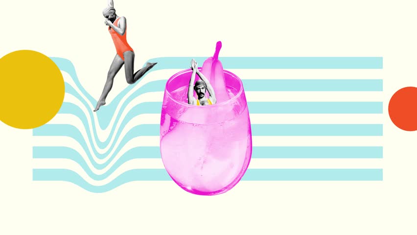 Commercial video. Swimmers dive into bright pink glass, surrounded by playful sun and wave motifs. Concept of celebration, holidays, alcohol drinks, Friday mood.