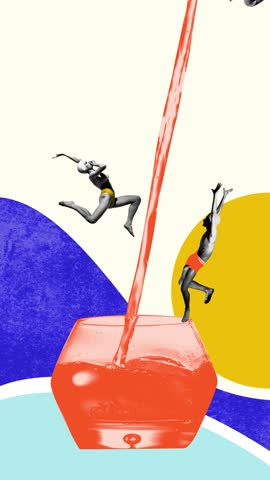 Product animation. Three swimmers leap towards flowing stream into vibrant orange glass, each in motion against background's of sea coast. Concept of celebration, holidays, Friday mood.