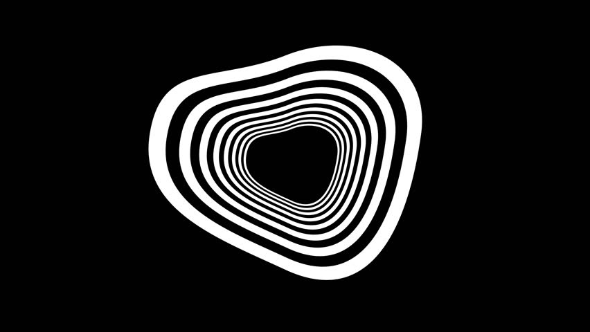 Hypnotic Elegant White Tunnel on Black Background, geometric shapes animation, psychedelic illusion tunnel, animation presentation and business. Moving geometrical shapes. Social media, advertisements
