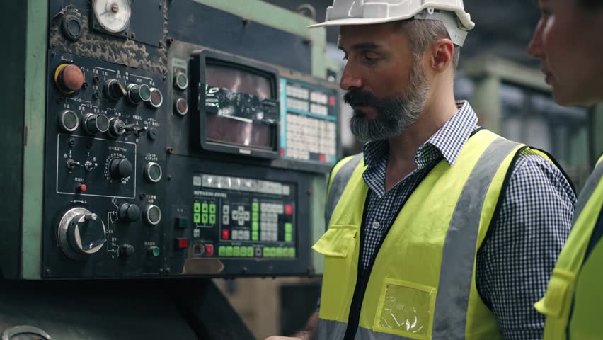 An engineer foreman explaining and training trainee worker about factory machinery at construction site. Operating big machine, inspecting qualtiy control before running work.