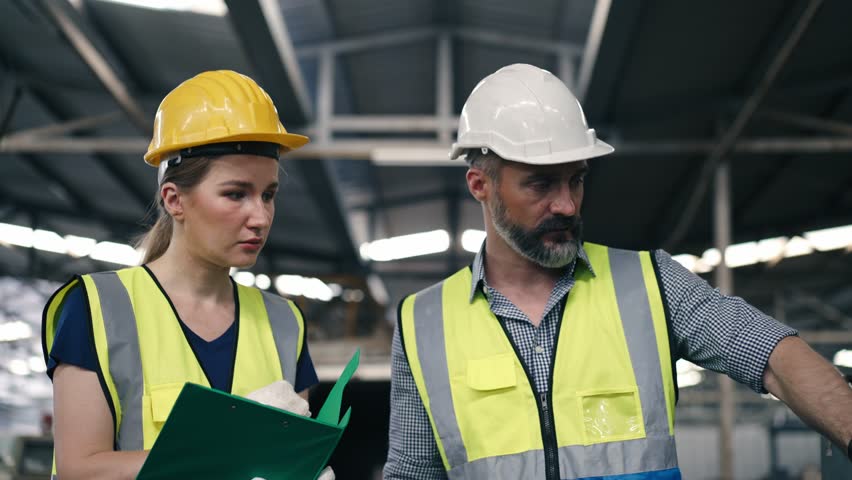 An engineer foreman explaining and training trainee worker about factory machinery at construction site. Operating big machine, inspecting qualtiy control before running work.