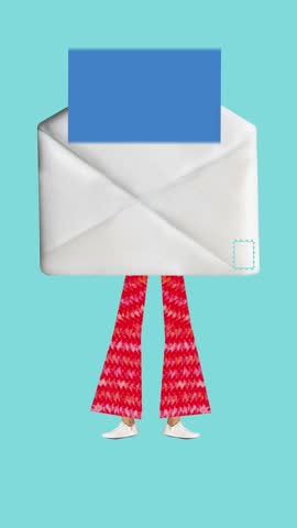 Promo video of walking envelope with red pants and sneakers symbolizing delivery with determined mood. Copy space. Concept of fintech apps, event branding, social media visuals.
