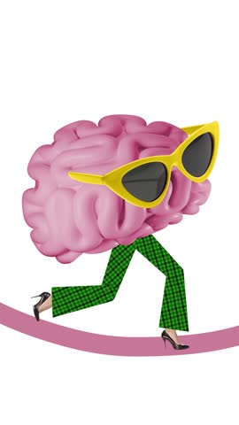 Short product video of walking brain in sunglasses and high heels expressing intelligence with confident attitude. Concept of fintech education, social media ads, pop-art merchandise.