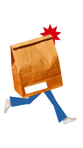 Creative digital artwork. Walking paper bag with starburst symbol showing urgency with energetic motion. Mockup for ads, text. Concept of express delivery, supermarket discount campaign, event poster