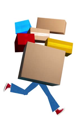 Ad template of walking parcel with copy space in jeans and red sneakers symbolizing delivery with determined mood. Concept of fintech logistics, online shopping, youth merch, campaign visuals.
