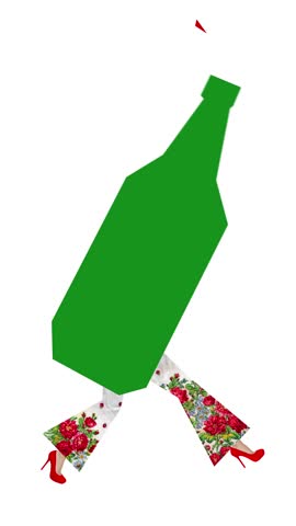 Animated ad of walking green bottle in floral pants and red heels symbolizing product identity with bold flair. Concept of youth branding, pop-art merchandise, fintech visuals. Mockup for ads